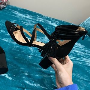 Black Fringe Ankle Wrap Heels Women’s